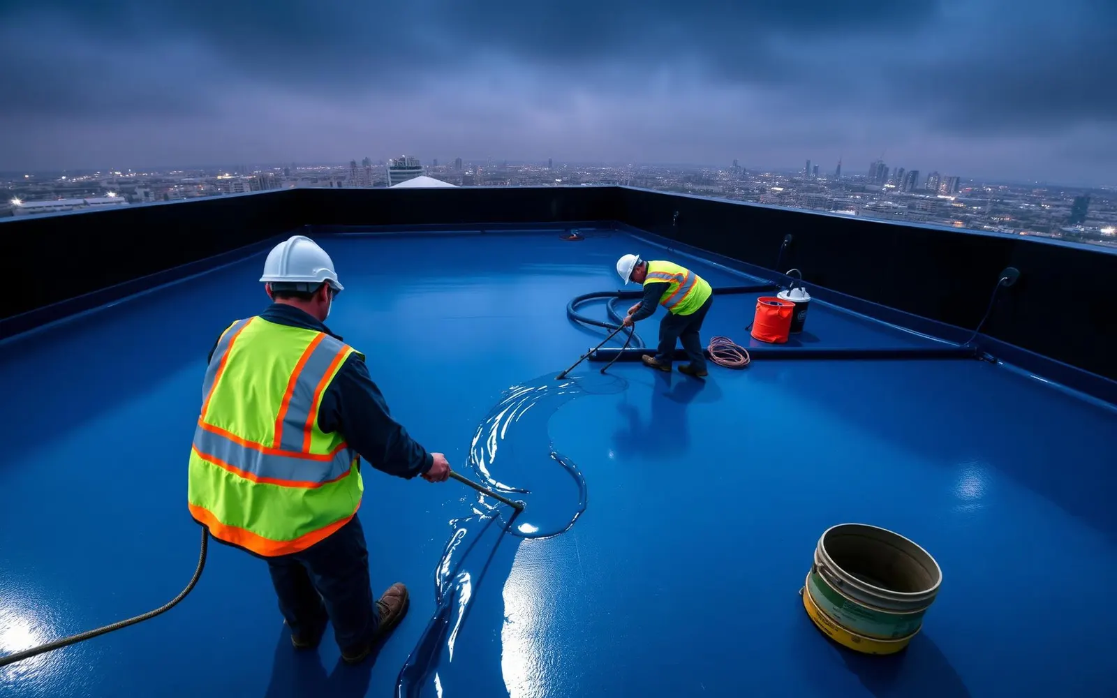 Workers applying professional waterproof coating on a Bangalore rooftop
